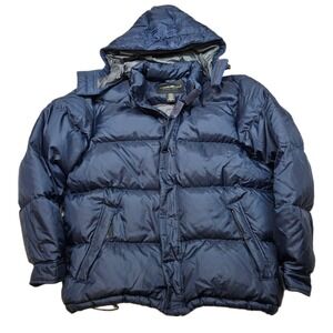 Eddie Bauer Goose Down Puffer Jacket Mens Medium Blue Hood VTG Super Puffy!